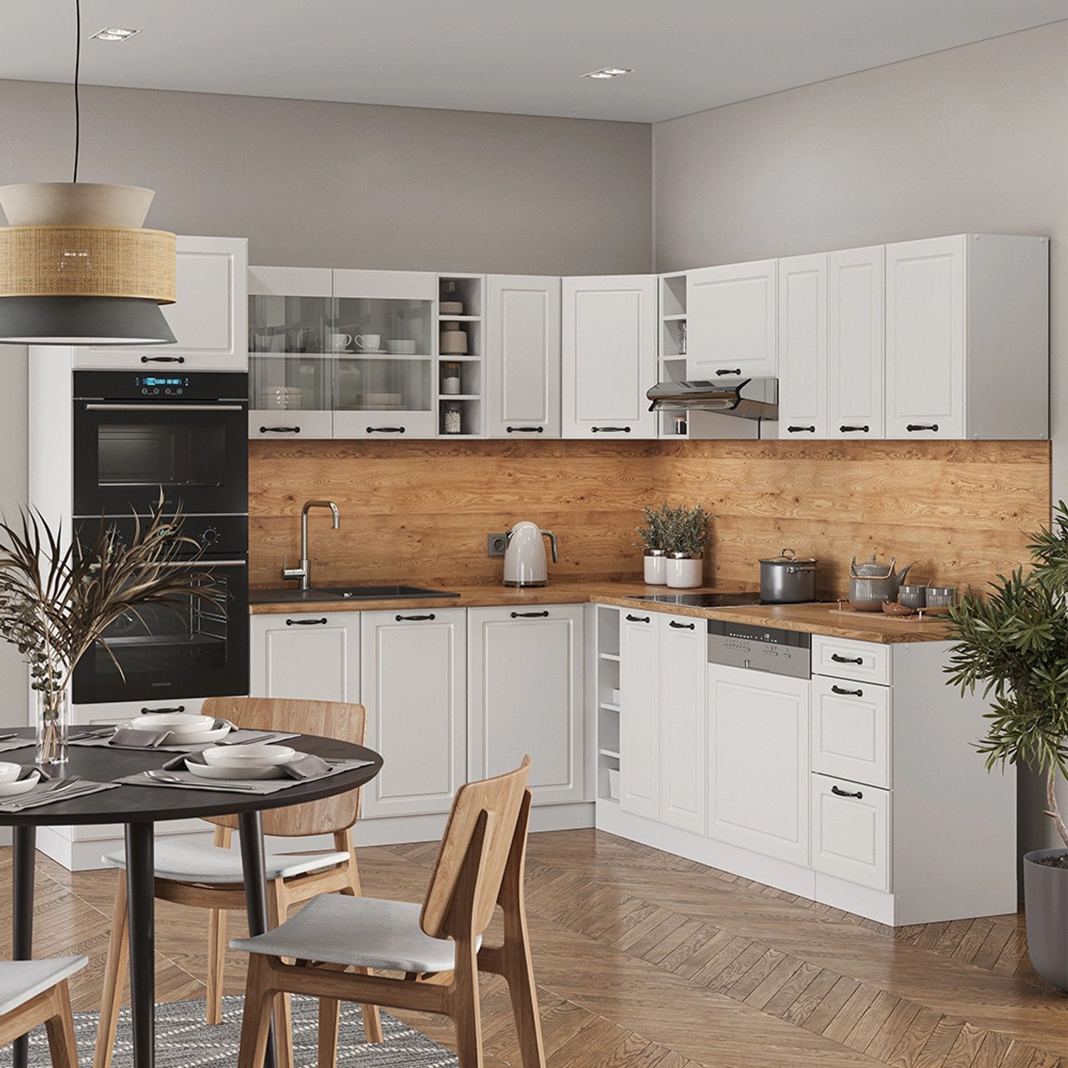 Vicco R-Line Eckküche in Weiß Landhaus/Weiß, 237x60cm, ohne Arbeitsplatte.