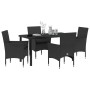Schwarze 5-tlg. vidaXL Garten Essgruppe aus Polyrattan mit Tisch und 4 Stühlen mit Kissen.
