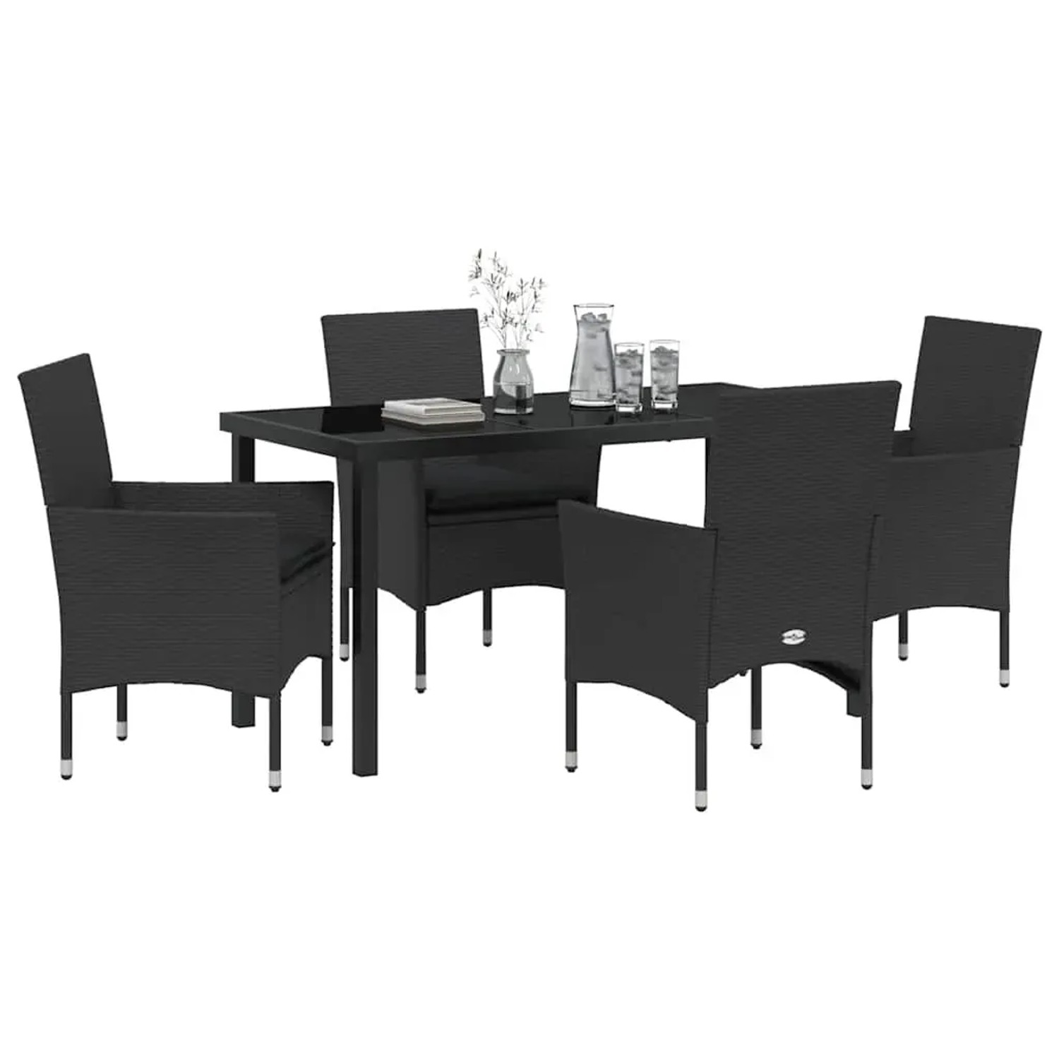 Schwarze 5-tlg. vidaXL Garten Essgruppe aus Polyrattan mit Tisch und 4 Stühlen mit Kissen.