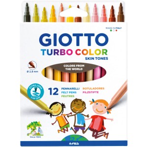 Giotto Turbo Color Fasermaler Skin Tones, 12 Stifte in Hautfarben im Karton.