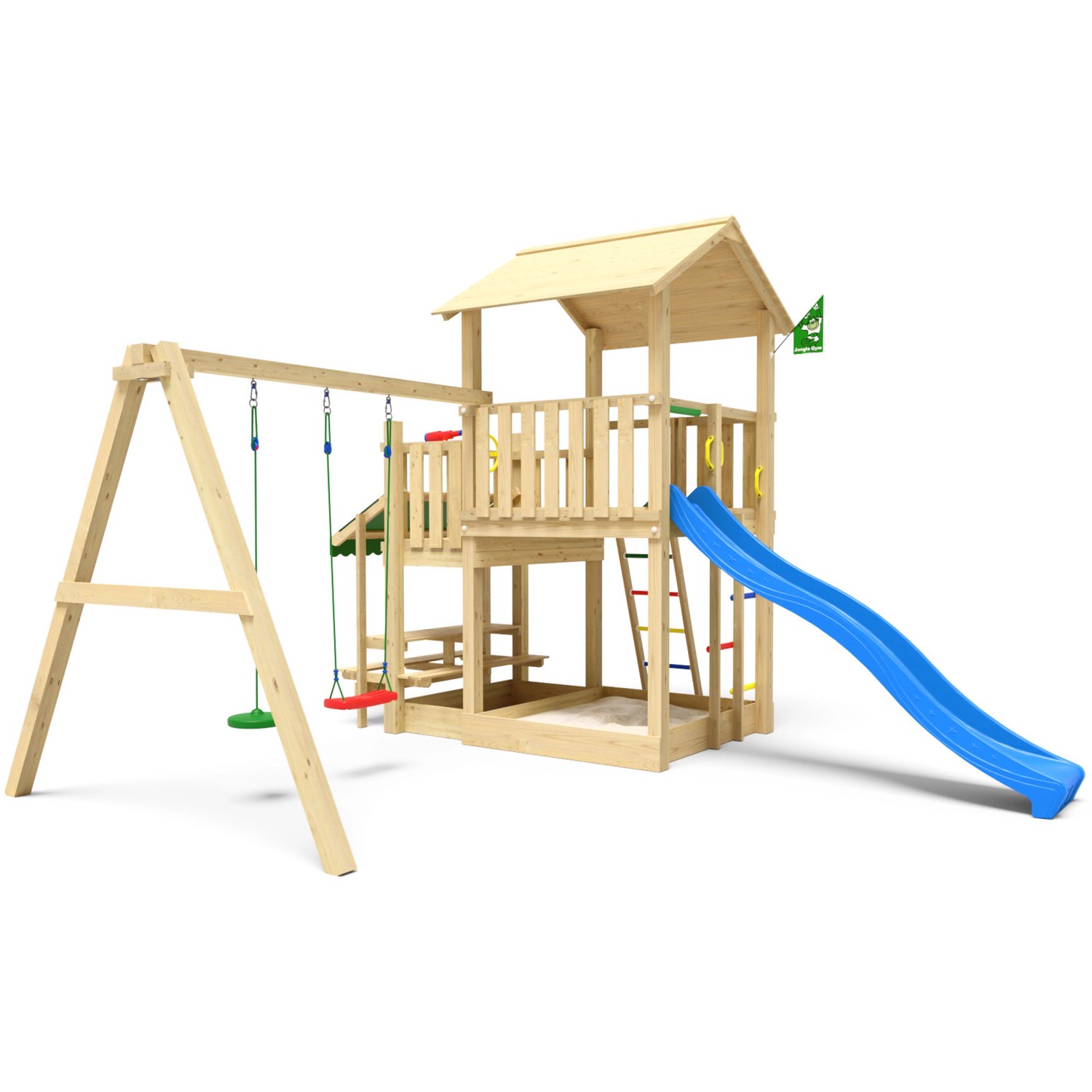 Jungle Gym Spielturm Skyline Holz Picnic Modul Doppelschaukel Rutsche Blau günstig online kaufen