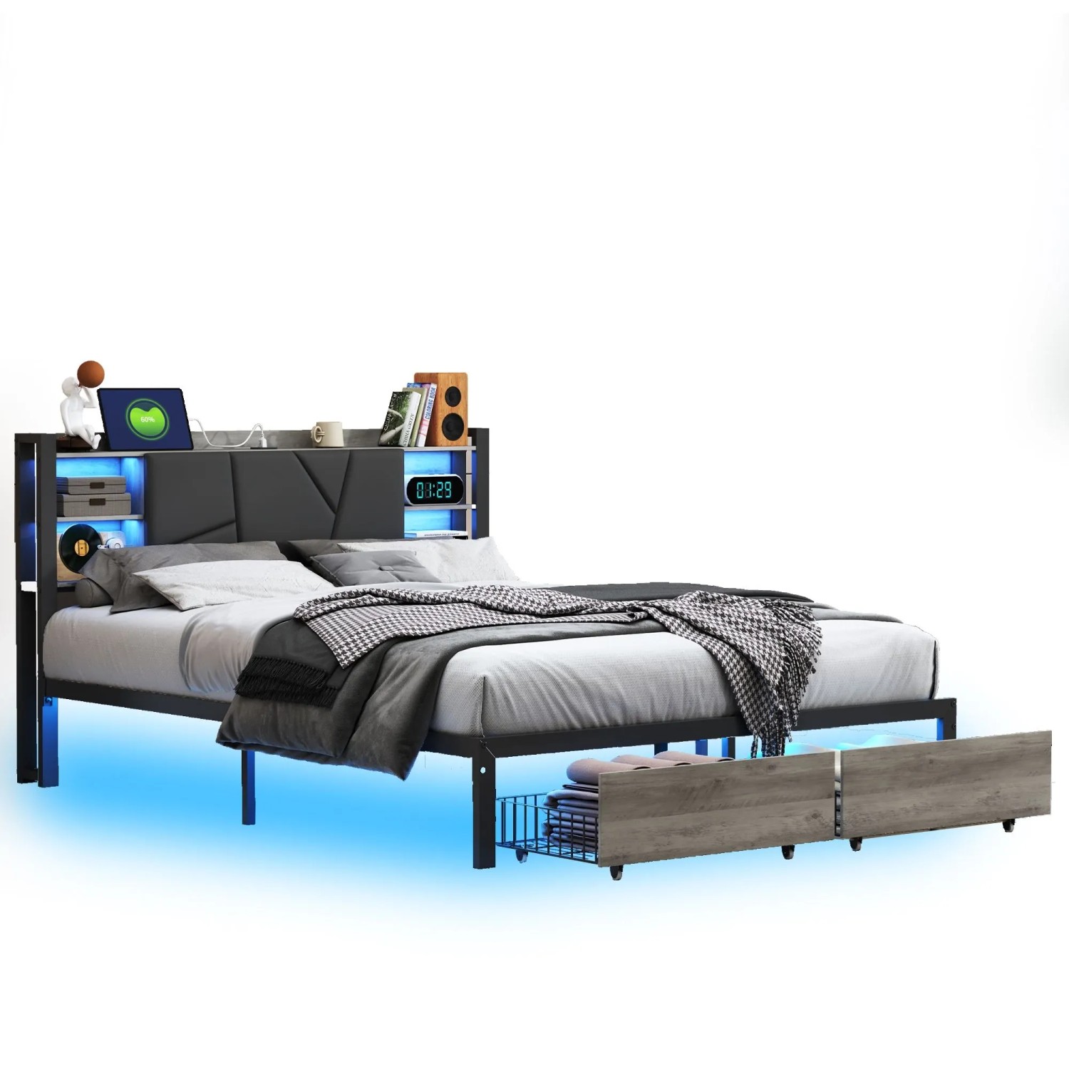 PXloue Eisenholzbett Bettgestell 140x200cm mit Schubladen&USB-Ladefunktion Ohne Matratze