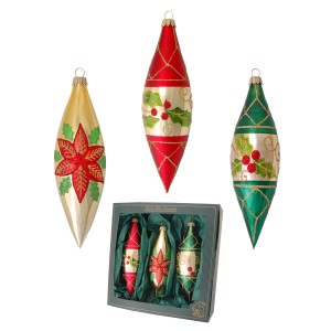 Krebs Glas Lauscha Olivenform Ornamente, 3-tlg. Weihnachtsbaumkugeln in Gold, Rot und Grün mit weihnachtlichen Motiven.