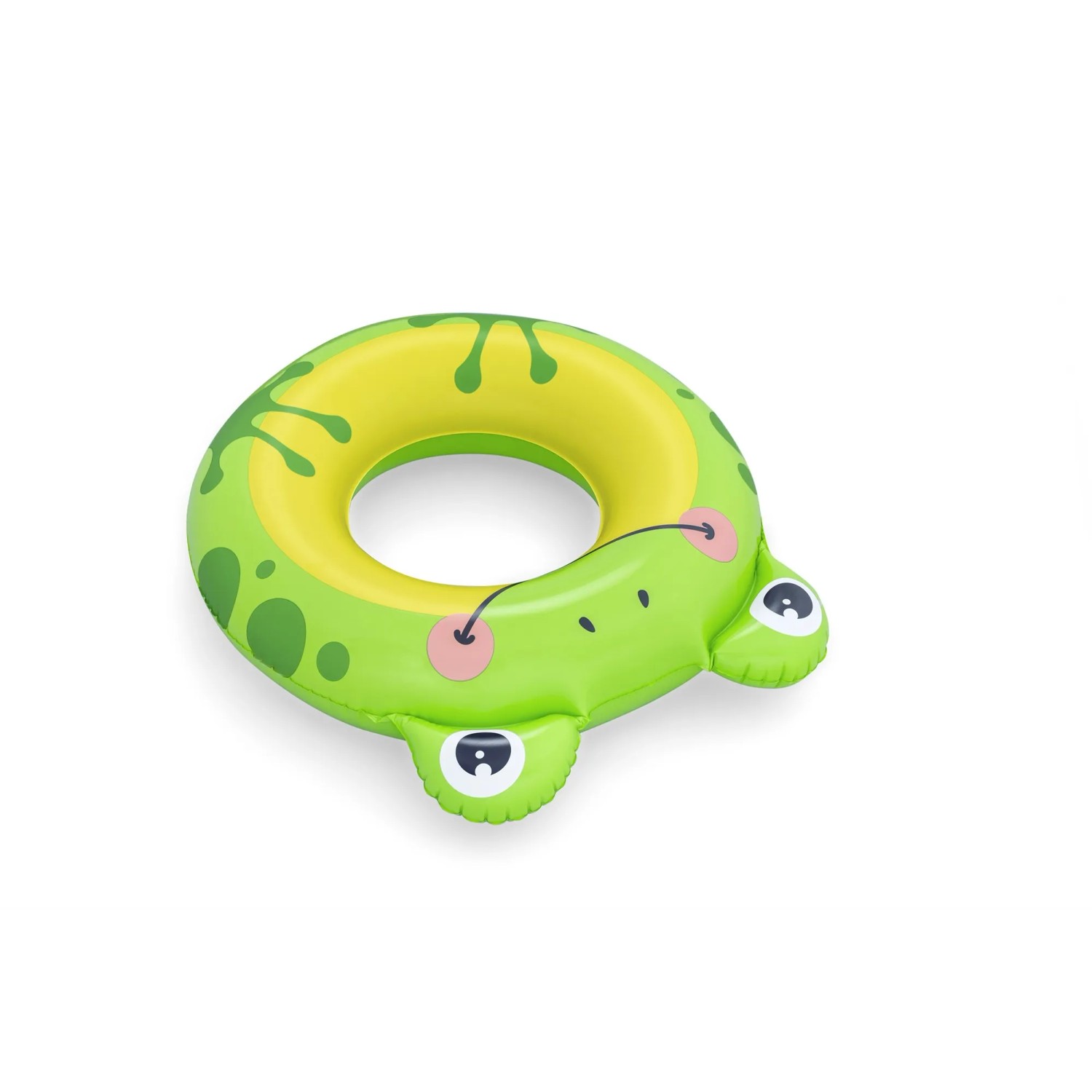 Grüner Bestway Schwimmring als Frosch für Kinder, mit gelbem Innenring.
