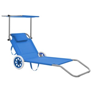 Blaue vidaXL Klappliege mit Sonnenschutz, Rädern und Stahlrahmen für Garten oder Strand.