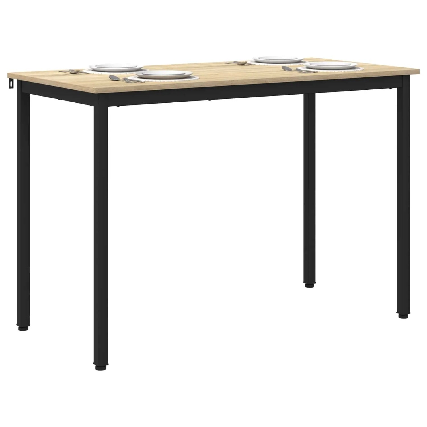 Rechteckiger Esstisch mit heller Holzoptik-Platte und schwarzen Metallbeinen, für 4 Personen gedeckt.
