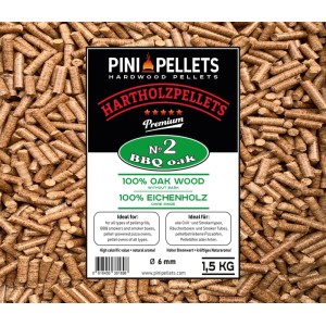 PINI Grillpellets 1,5 kg Eiche, 6mm Holzpellets für Grill, Smoker, Pizzaofen. Schwarzer Beutel.