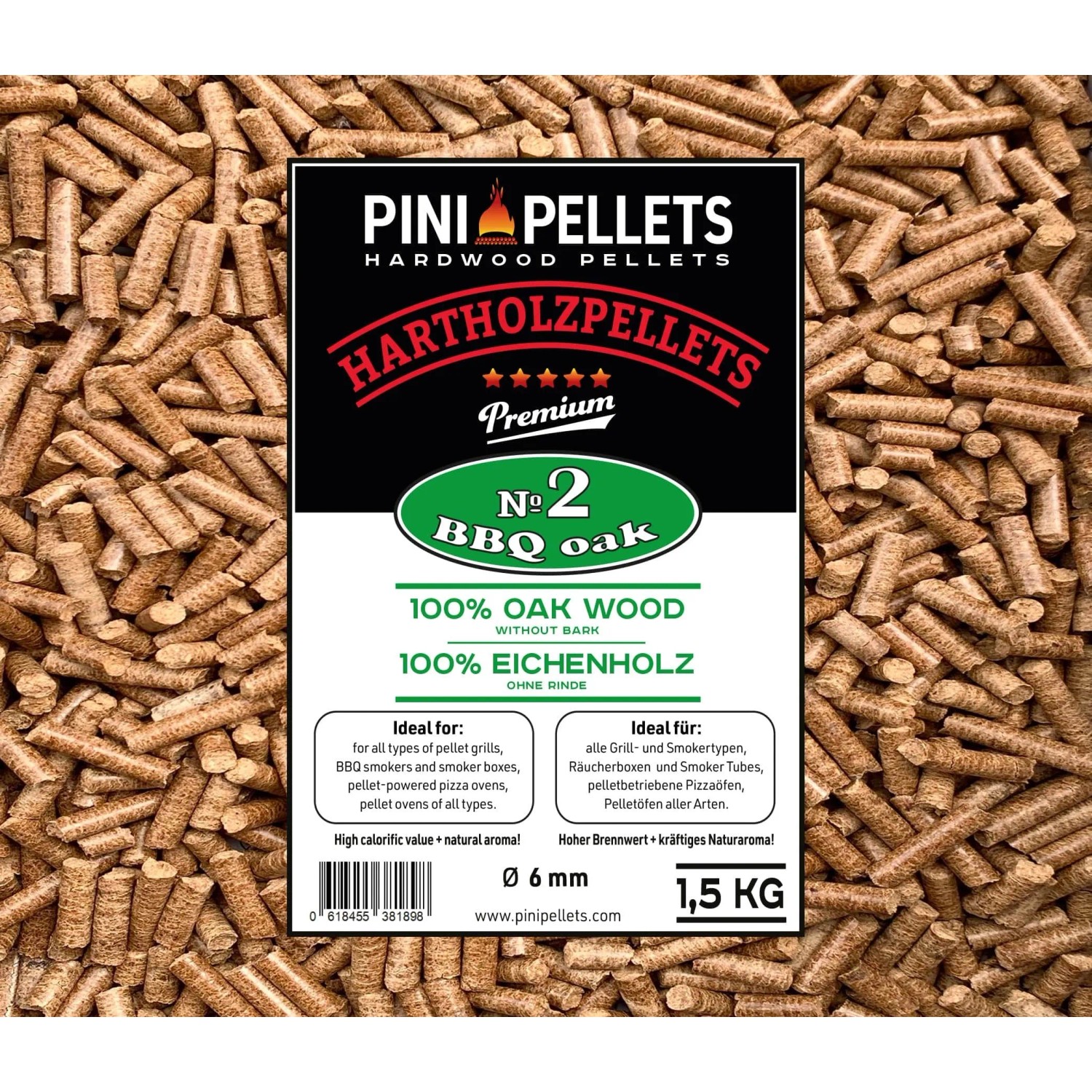 PINI Grillpellets 1,5 kg Eiche, 6mm Holzpellets für Grill, Smoker, Pizzaofen. Schwarzer Beutel.