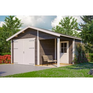 Skan Holz Garage Varberg in Schiefergrau mit Doppeltor und Seitentür.