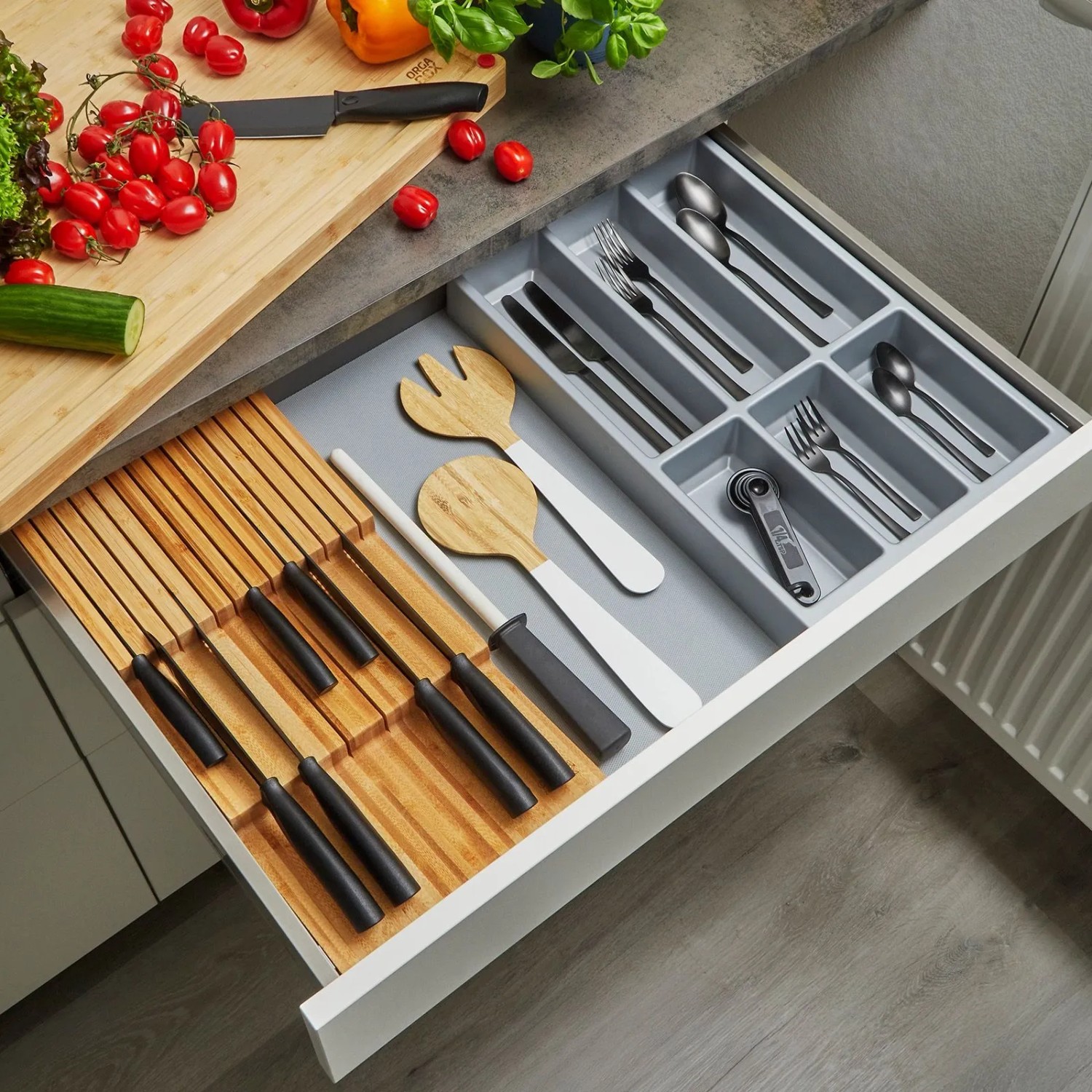 SOTECH ORGA-BOX Vario SET 6 Silbergrau für 80er Schublade Besteckeinsatz Messerhalter Antirutschmatte Orga-Weave_4