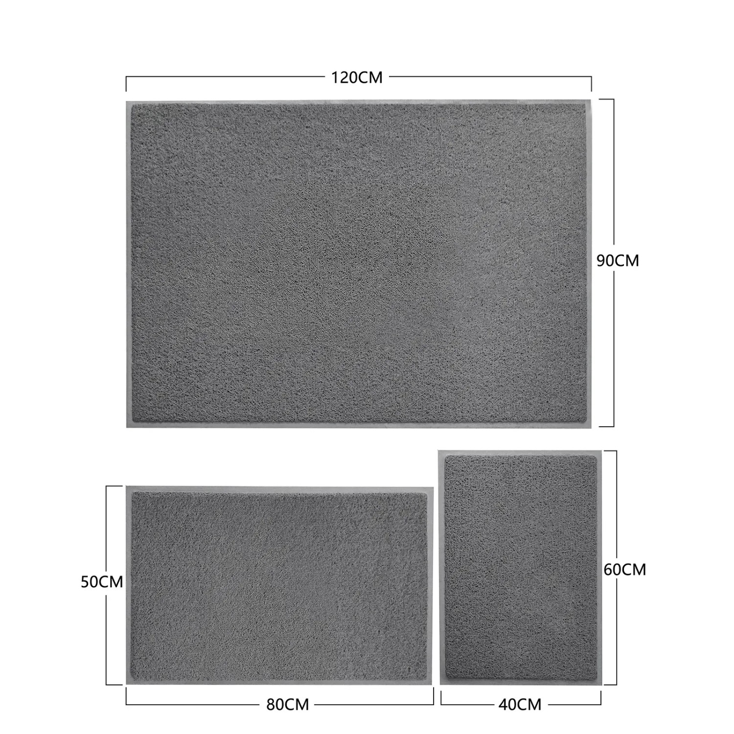 Graue KARAT Spaghettimatte Fußmatte aus Vinyl in drei Größen: 40x60, 50x80 und 90x120 cm.