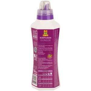 Compo Blühpflanzendünger 1 l für üppige Blüten, Flasche in Weiß und Lila.
