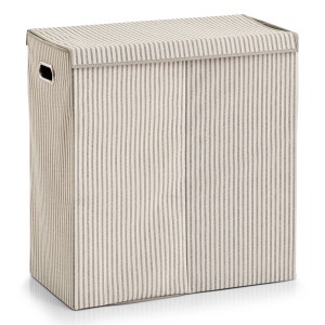 Beiger Zeller Present Wäschesammler Stripes 2-fach mit Deckel und Griffen.