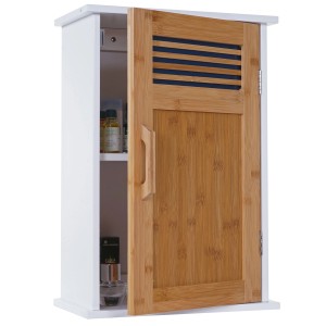 MCW Hängeschrank A85 Bambus, Bad-Einbauschrank mit Tür, teilweise geöffnet, weißes Gehäuse, Bambus-Front.
