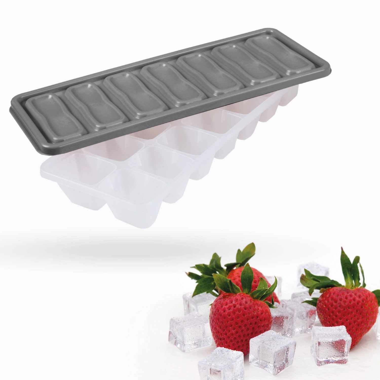 ProHome Eiswürfelform, grau, mit Eiswürfeln und Erdbeeren dekoriert.