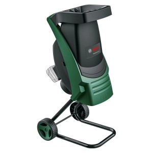 Grün-schwarzer Bosch Akku-Häcksler UniversalShredder mit Rädern zum Zerkleinern von Ästen und Gartenabfällen.
