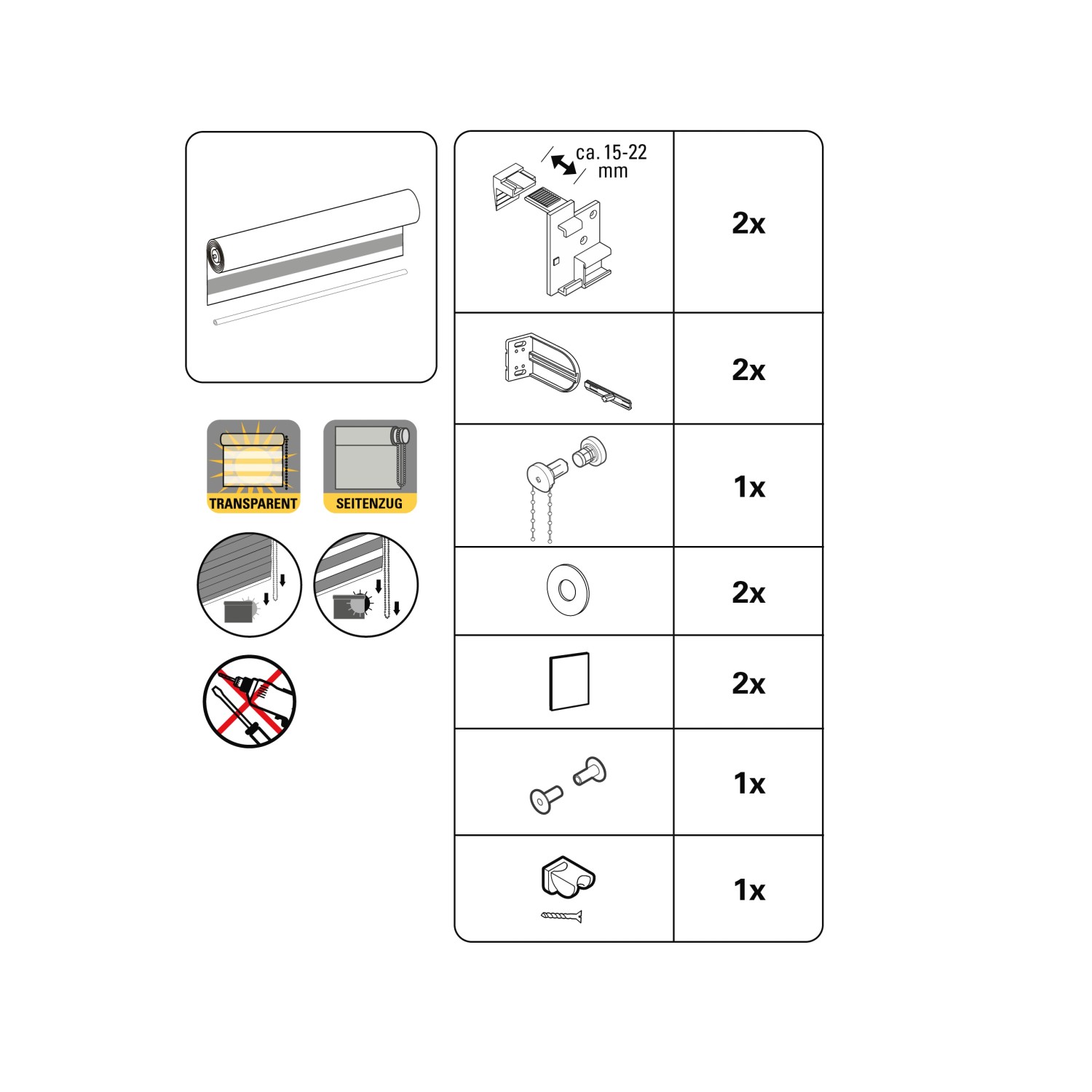 Bestandteile und Montage des Gardinia Doppelrollos EasyFix 45x150 cm, Schwarz.