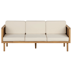 Beliani Gartensofa, 3-Sitzer aus hellem Holz mit beigen Kissen.