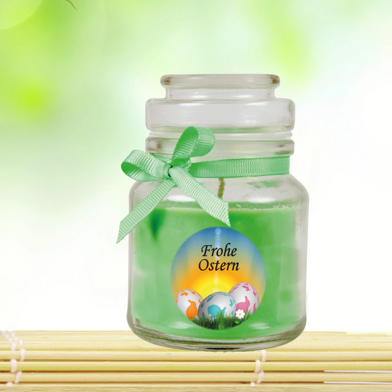 Duftkerze 'Frohe Ostern' im Glas mit Schleife, Coconut Limes Duft, Ø7cm. Osterdeko.