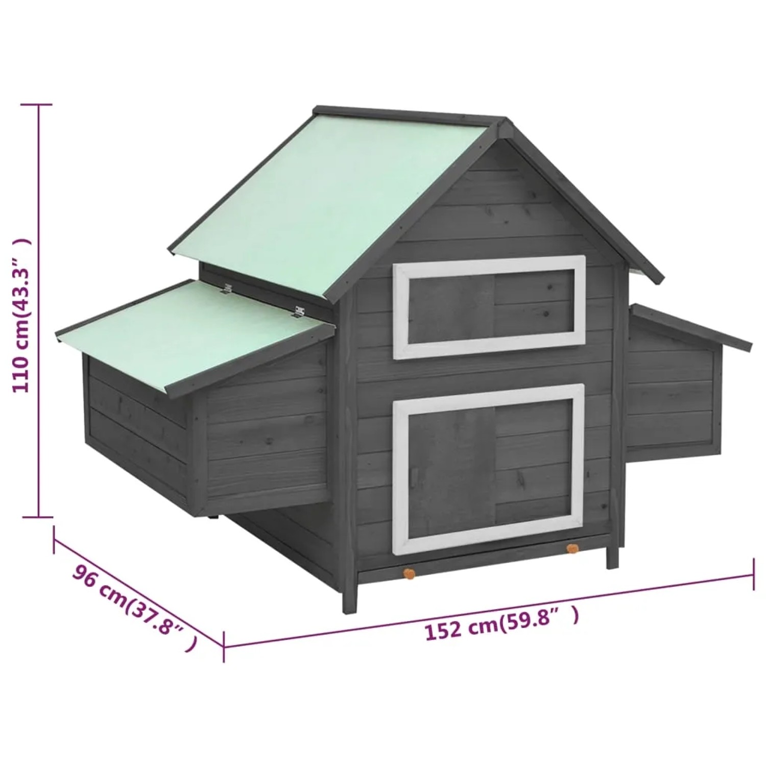 Grau-weißer Hühnerstall aus Holz mit zwei Nistkästen und Fenster.