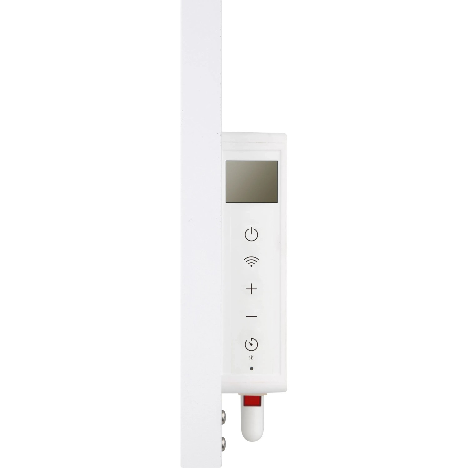 Detailansicht des weißen WiFi-Infrarot-Panel-Heizers Odda 540 W mit Bedienelementen.