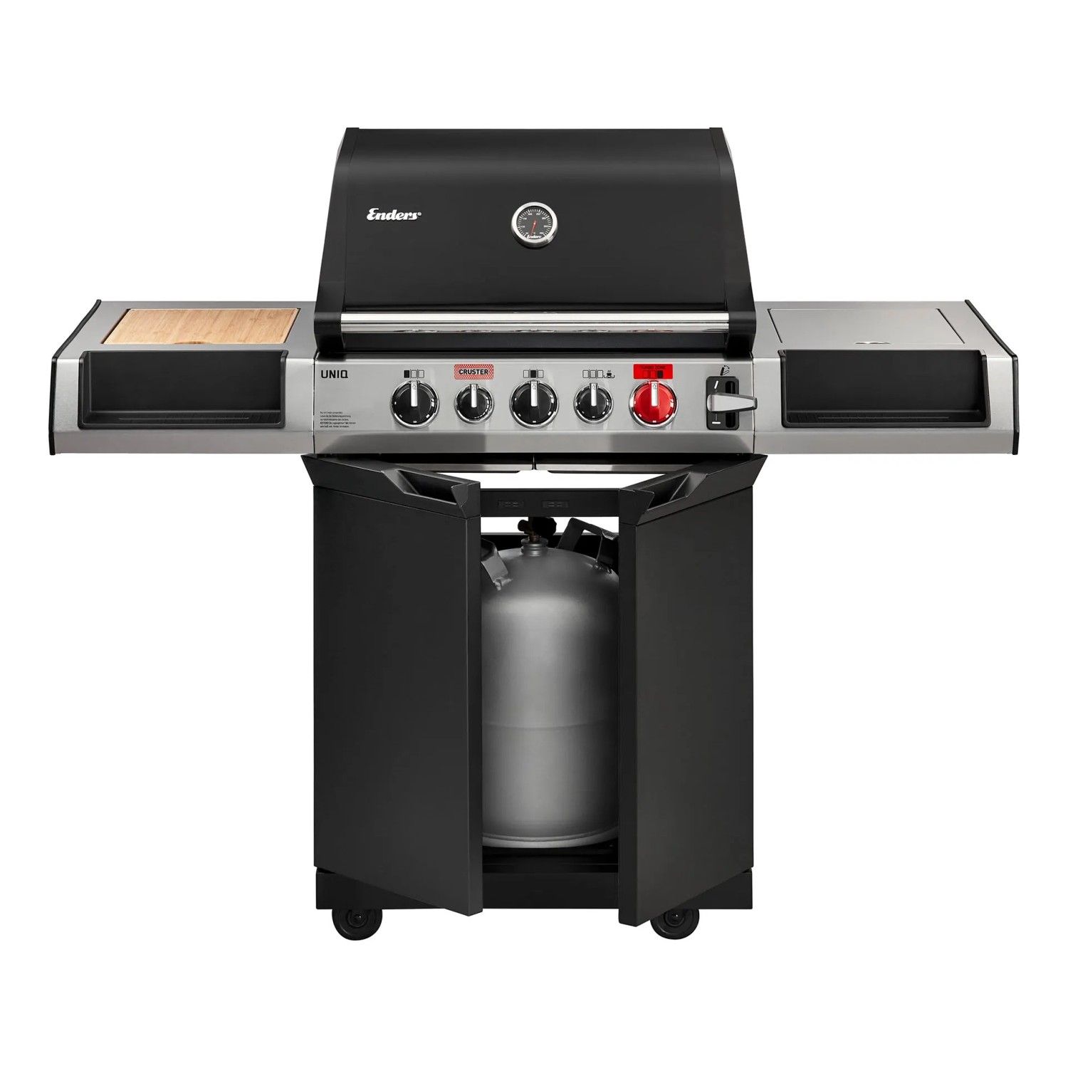 Enders Gasgrill Uniq 3 IK Cruster mit Seitenkocher und Stauraum für Gasflasche.