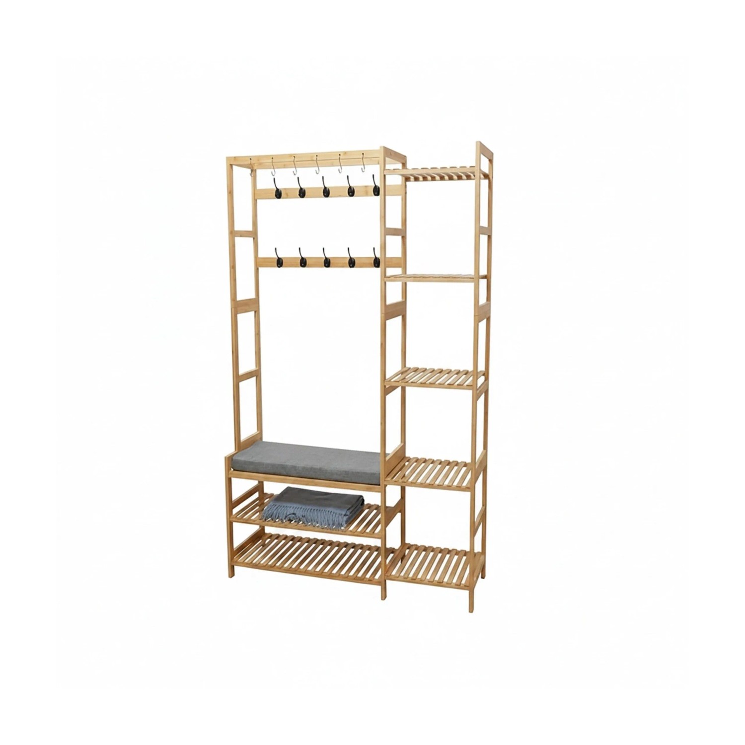 Relaxdays Garderobenständer Bambus Natur Mit Sitzbank 15 Haken 175 cm x 104 cm x 33 cm 11,7 kg