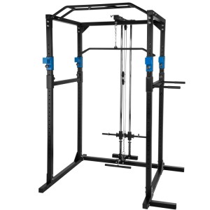 Tectake Power Rack mit Latzug, Klimmzugstange und Dip Station, schwarz/blau, für vielseitiges Krafttraining.