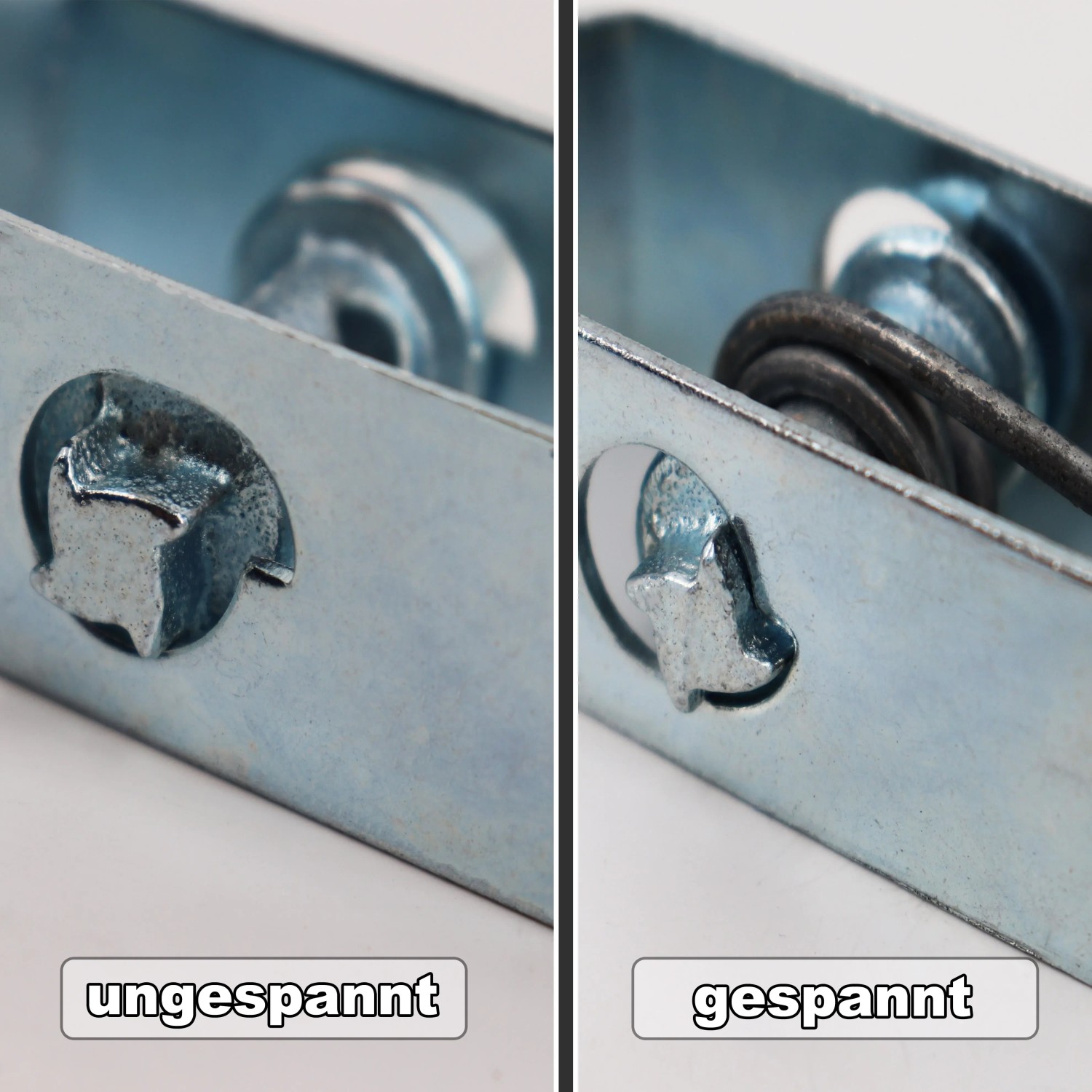 Aquagart Drahtspanner im Detail: ungespannt und gespannt, für Zäune und Wildzäune.
