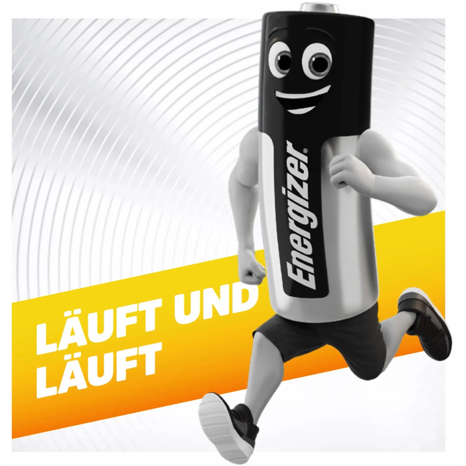 Energizer Batterie AAA als Comicfigur beim Laufen. Alkaline Power, zuverlässig und ausdauernd.