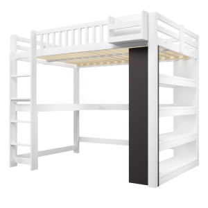 Weißes Merax Hochbett 140x200cm aus Kiefernholz mit Schreibtisch, Leiter, Regal und Kreidetafel.