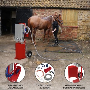 Monstershop Pferde Dusche: Tragbare, rote Pferdedusche mit Zubehör und Warmwasserboiler im Einsatz.