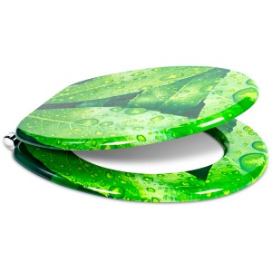 Sanfino WC-Sitz Fresh Leaves: Toilettendeckel aus Holz mit Absenkautomatik und grünem Blätter-Motiv.