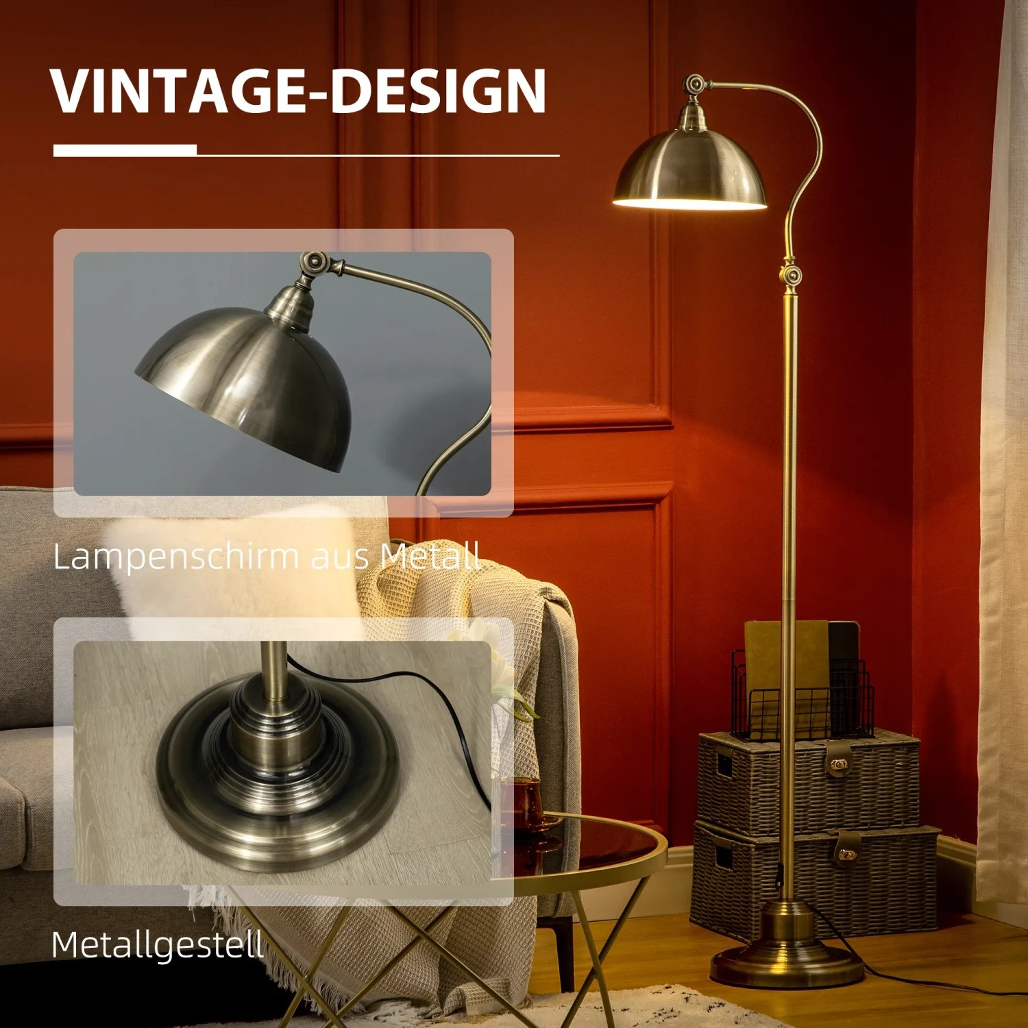 HOMCOM Stehlampe in Messingoptik mit verstellbarem Lampenschirm, eine stilvolle Innenleuchte.