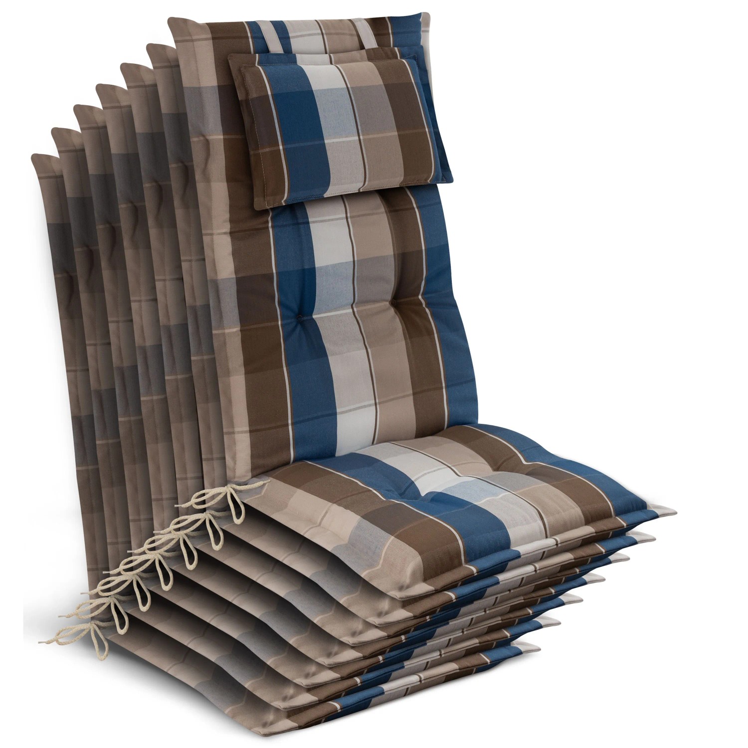 Beautissu 7x Gartenstuhlauflage Hochlehner 120x50x7cm Braun-Blau-Kariert