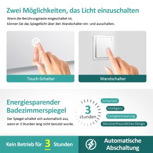Emke Badspiegel: Details zur Bedienung per Touch oder Wandschalter und automatischer Abschaltung.