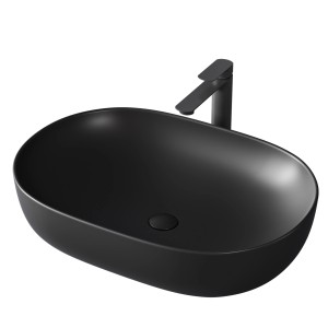 Emke Aufsatzwaschbecken, 60cm, mattschwarz, abgerundetes Rechteck mit Armatur.