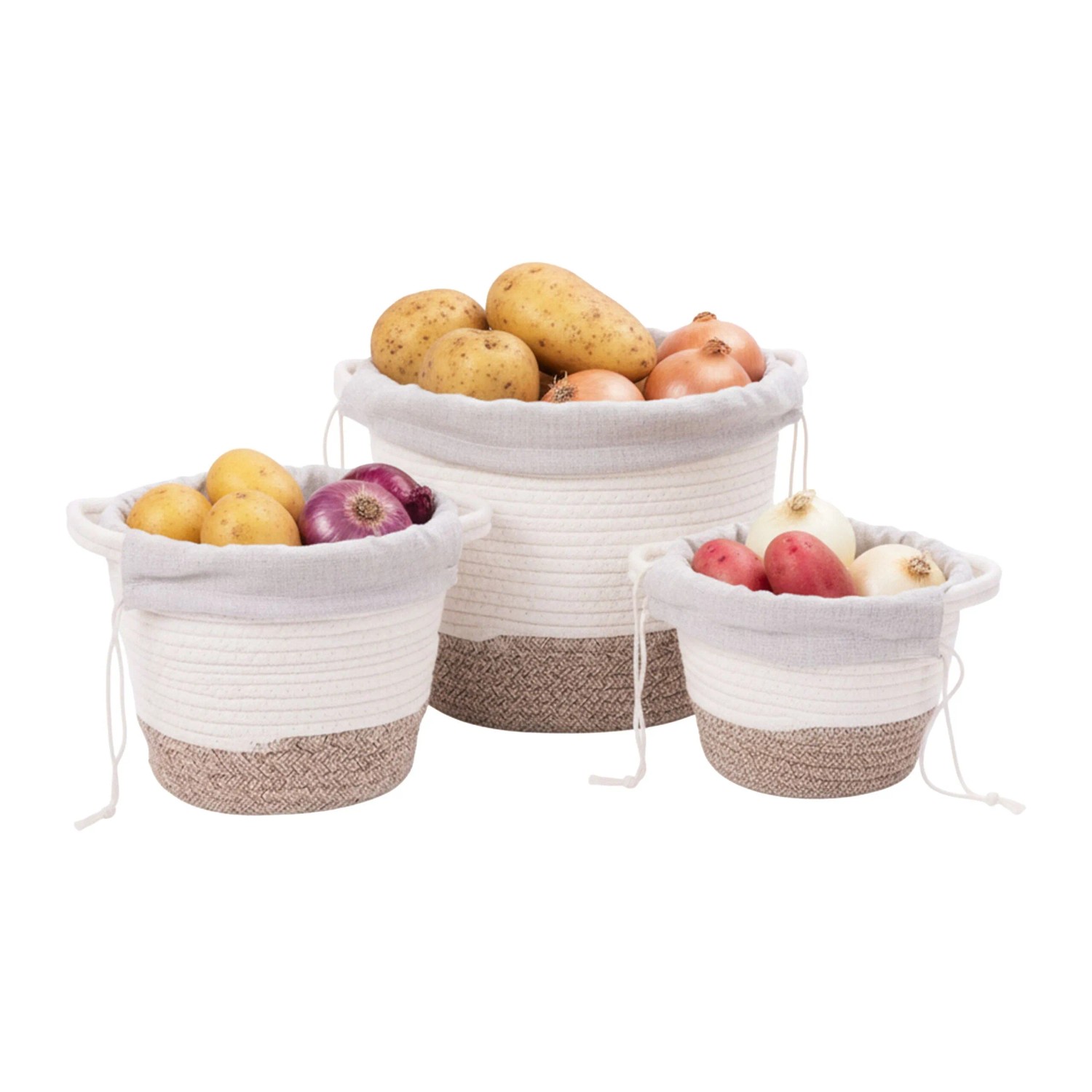 Relaxdays Kartoffelaufbewahrung Baumwolle Polyester Weiß Atmungsaktiv Lichtundurchlässig 3er Set 23 cm x 23 cm x 23 cm 1 kg