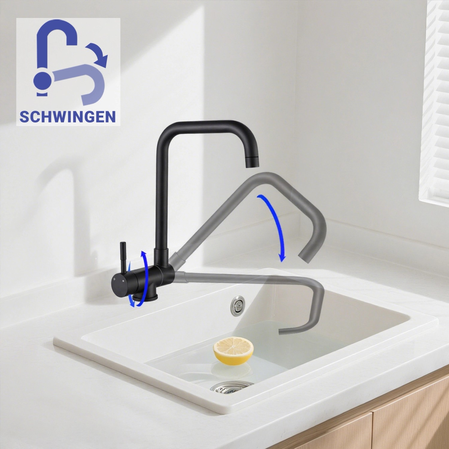 AICA Wasserhahn Doppelfunktion 360° Drehbare Kippbare Schwarz Küchenarmatur mit 304 Edelstahl und Keramikventil Mischbatterie_3