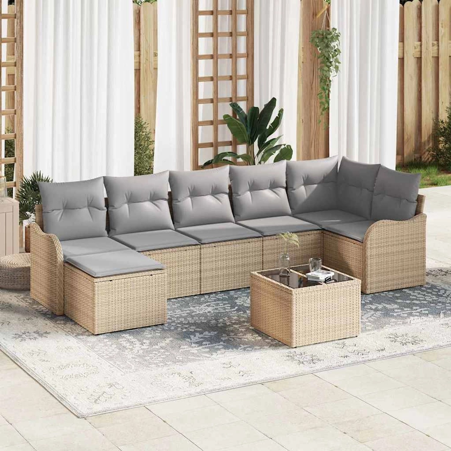 Beiges 8-teiliges vidaXL Garten-Sofa-Set aus Poly Rattan mit Kissen und Tisch.