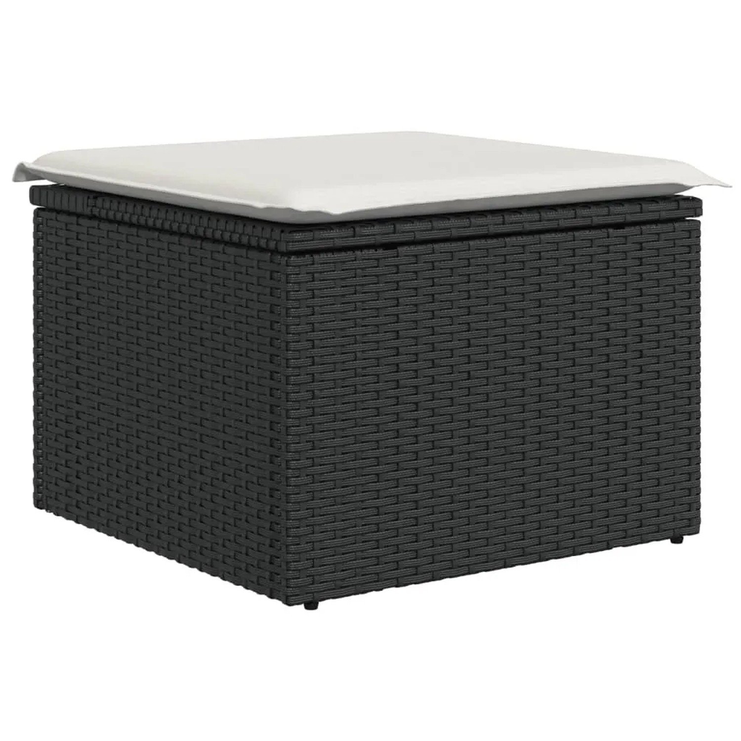 Schwarzer vidaXL Gartenmöbel-Fußhocker aus Rattan mit cremefarbenem Kissen.