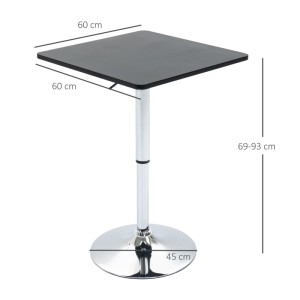 HOMCOM Bartisch, schwarz, höhenverstellbar (69-93 cm), quadratische Platte (60x60 cm), runder Chromfuß (45 cm).