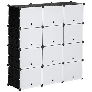 Schwarzes HOMCOM Regalsystem mit 12 Würfeln aus PP und Stahl. Schuhkommode mit modularem Design.