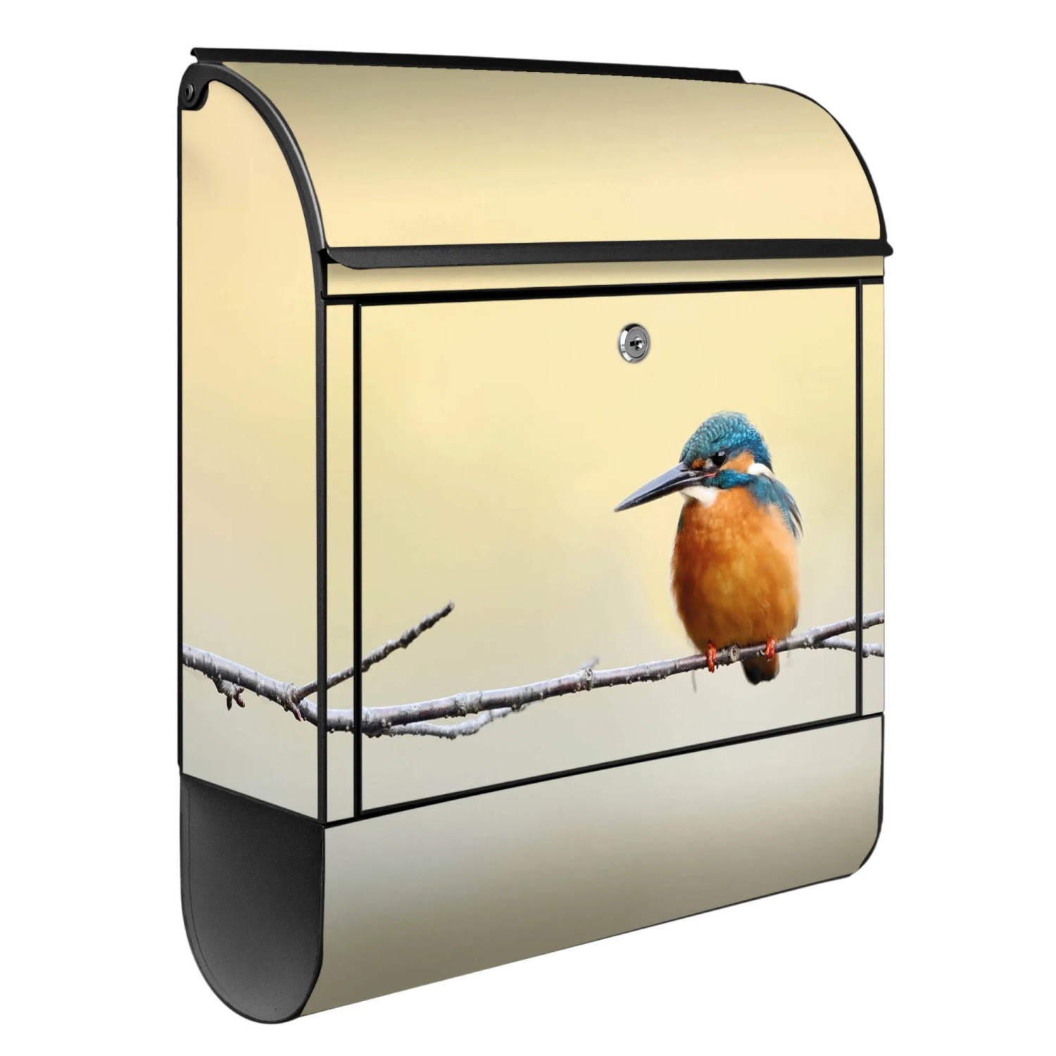 Banjado Design Briefkasten mit Eisvogel-Motiv, schwarz pulverbeschichtet, mit Zeitungsfach.