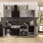 Moderne Flex-Well Einbauküche in Schwarz Matt und Endgrain Oak mit E-Geräten und Spüle.