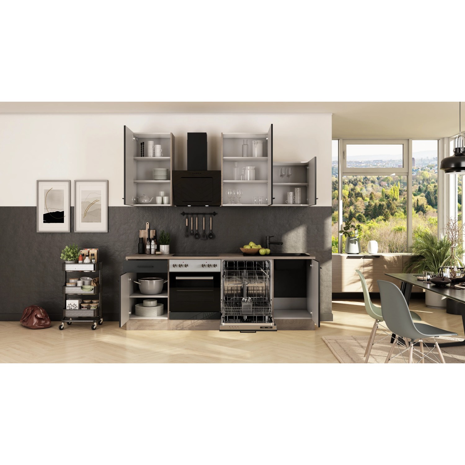 Moderne Flex-Well Einbauküche in Schwarz Matt und Endgrain Oak mit E-Geräten und Spüle.