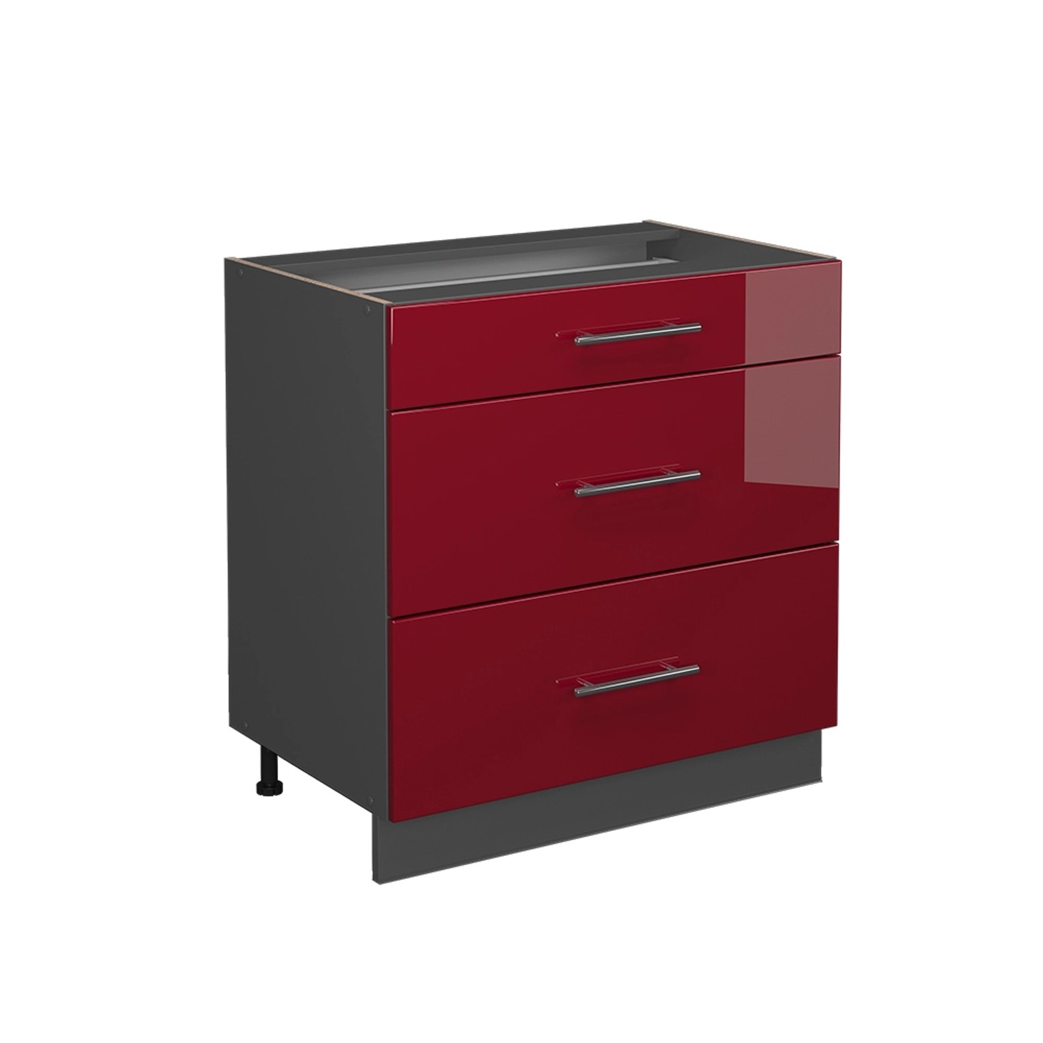 Vicco Küchenunterschrank Fame-Line Bordeaux Hochglanz/Anthrazit 80 cm mit 3 Schubladen AP Anthrazit