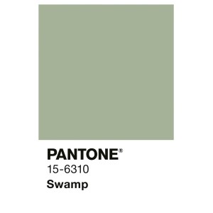 Quadratisches Farbmuster der Alpina Innenfarbe Pantone Swamp Grün. Matte Wandfarbe für Wände.