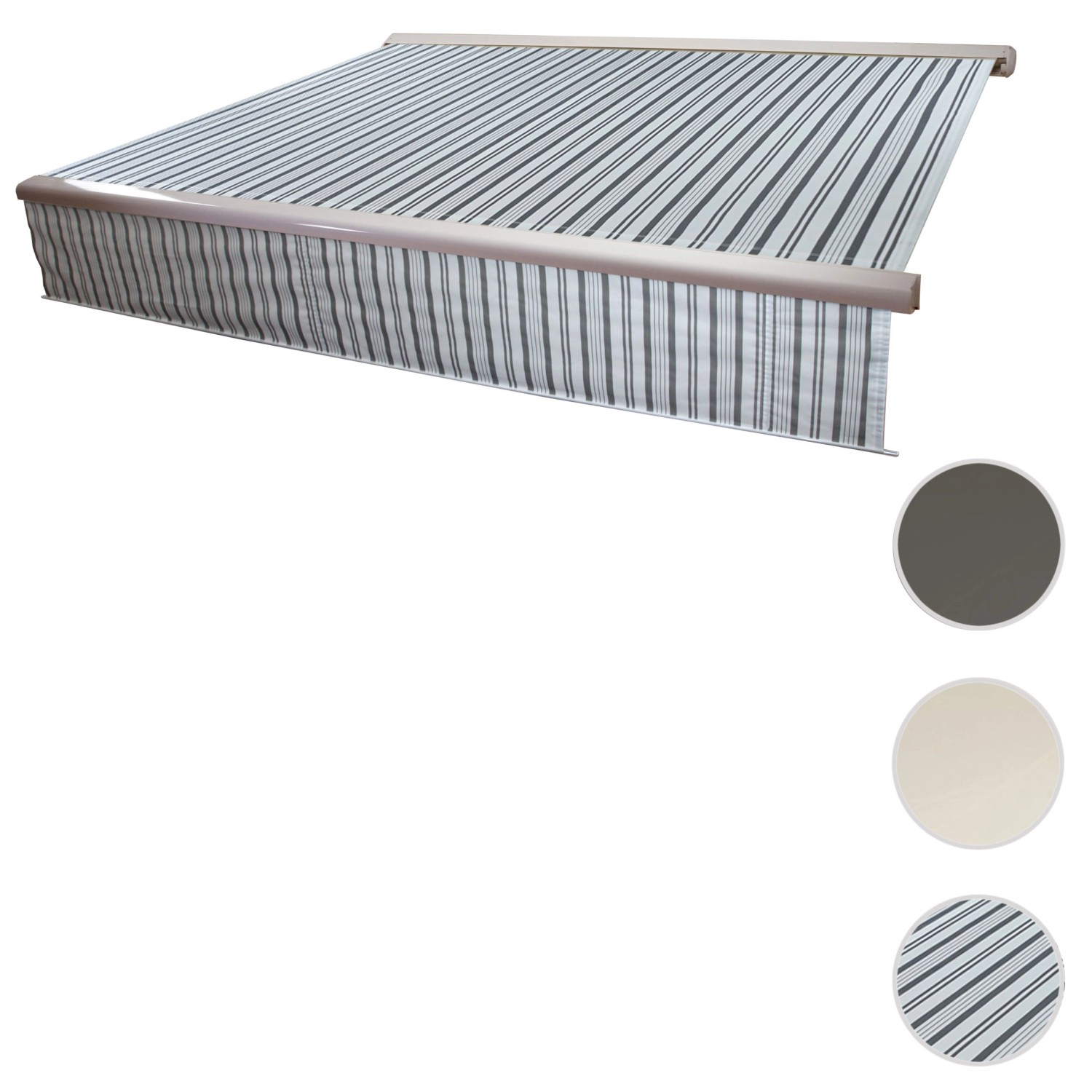 MCW Kassettenmarkise 5x3m, grau/weiß gestreift mit Volant. Markise für Terrasse und Balkon.