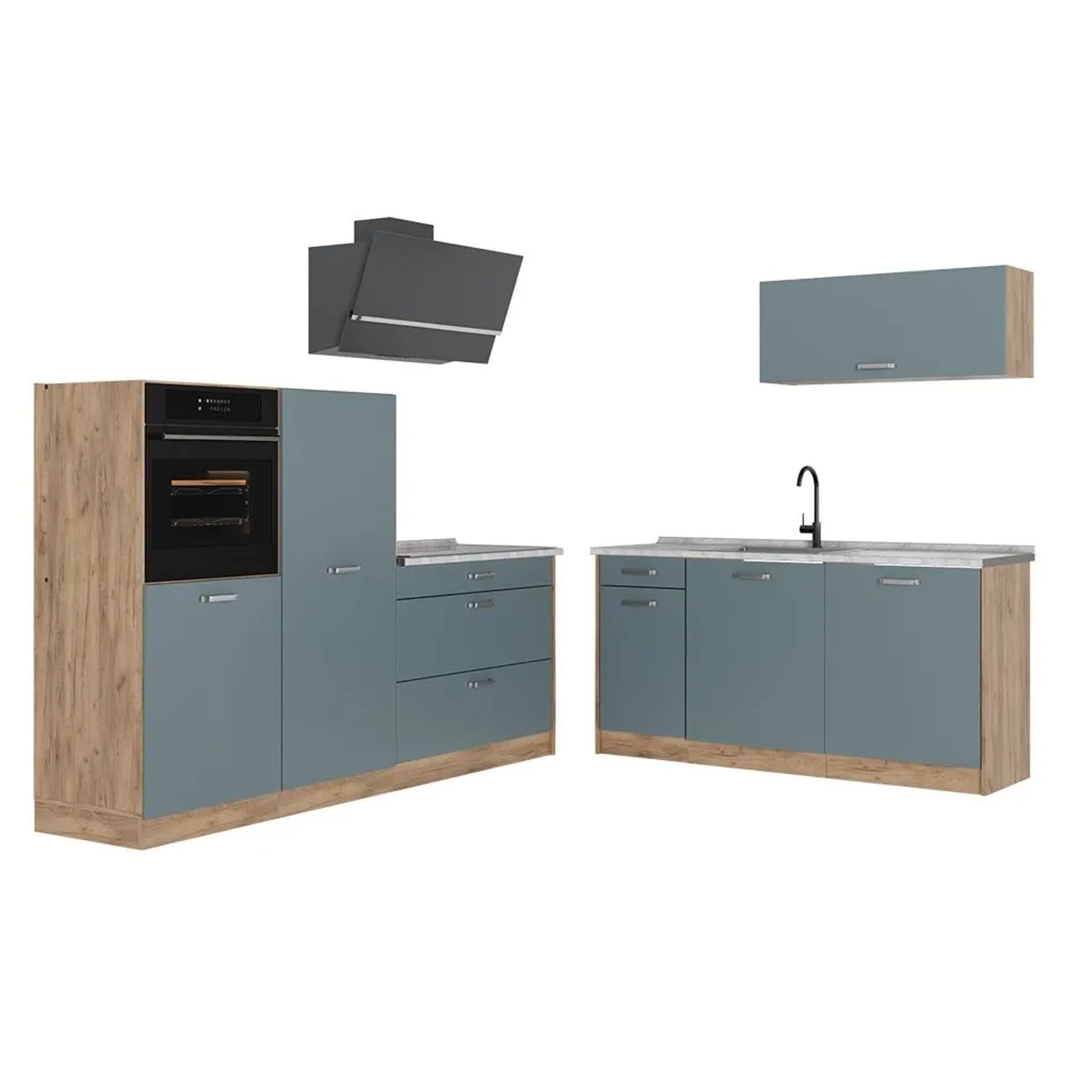 Vicco Küchenzeile R-Line Blau-Grau/Goldkraft Eiche 220 x 143 Arbeitsplatte Marmor Art Nr 67095